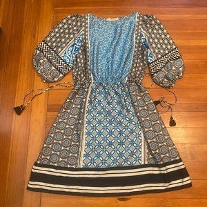 Loft patterned dress with drawstring waist and bubble sleeve size L